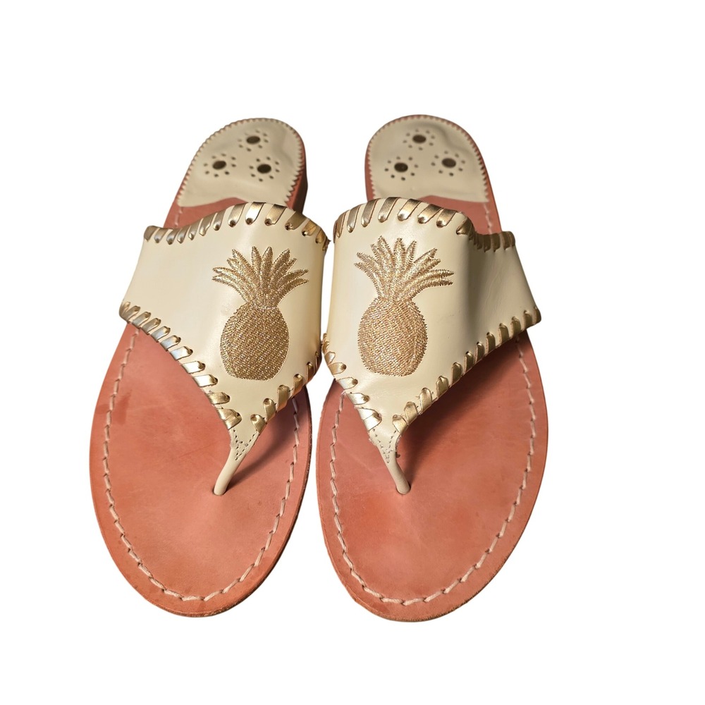 Jack Rogers Georgica Pineapple Embroidered Leather Sandals Cream Gold 8.5